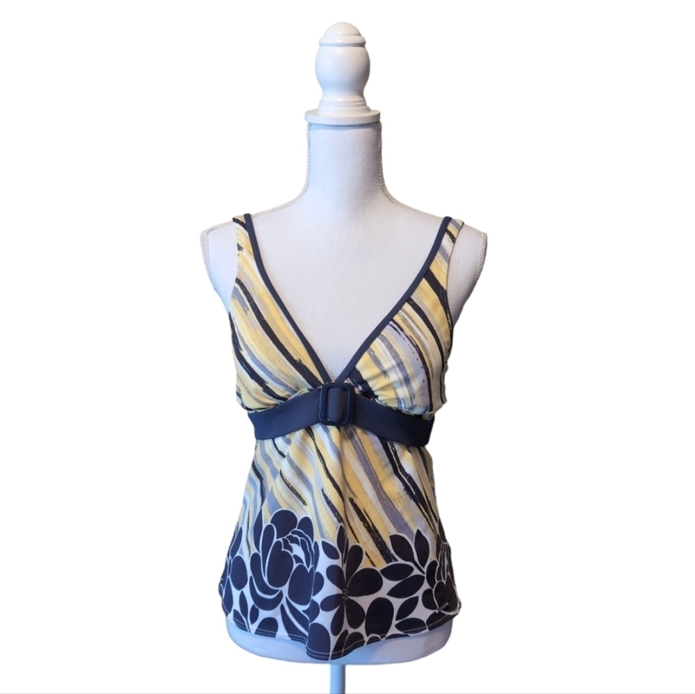 LIZ CLAIBORNE Tankini Grey & Yellow BELTED Stripe Floral Swim Top SZ 10